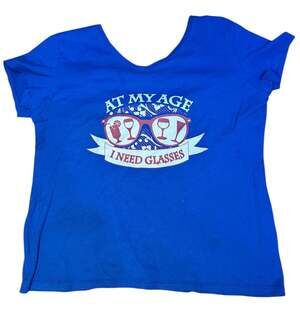 Hanes Nano-T Women’s Blue V-Neck Graphic Tee “At My Age I Need Glasses” Size M